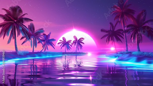 A neon-lit tropical scene with palm trees, a glowing sun and a starry sky.