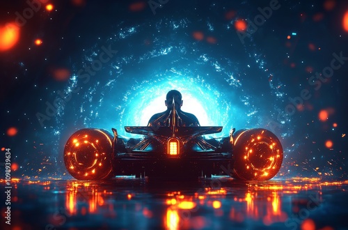 Dynamic Formula Racing Car at Night with Neon Lights