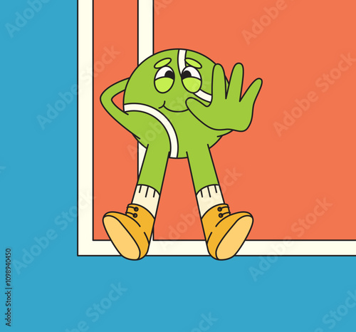 Tennis Ball Character Relaxing in the court tennis With Playful Expression and Sporty Attire cartoon character retro vintage illustration hand drawn