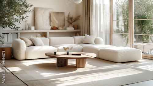 Minimalist interior design of modern living room, beige and white tones