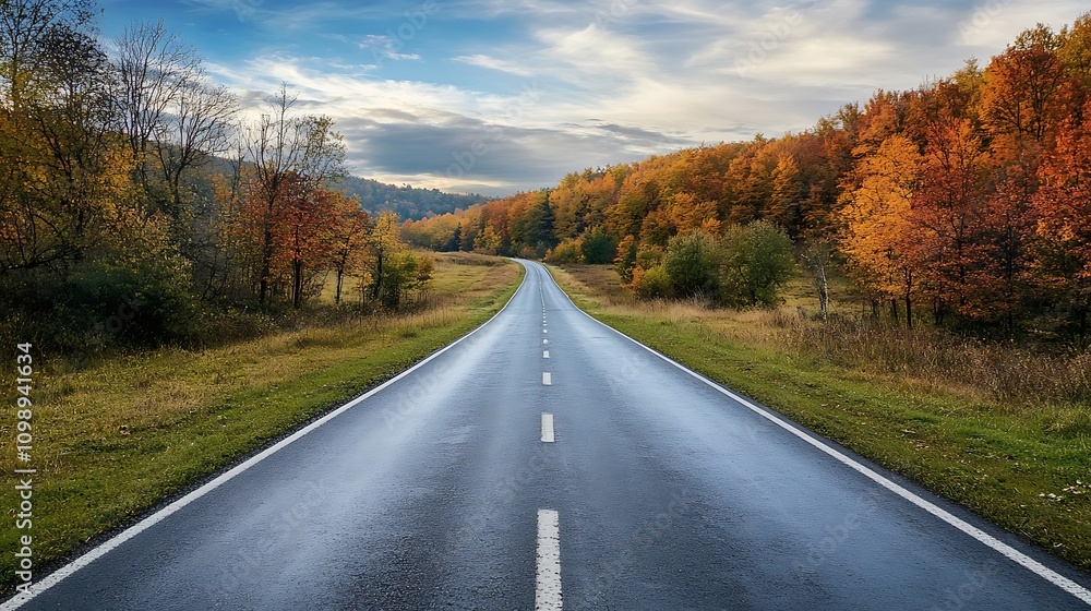 Fototapeta premium Asphalt Road Through Autumn Forest