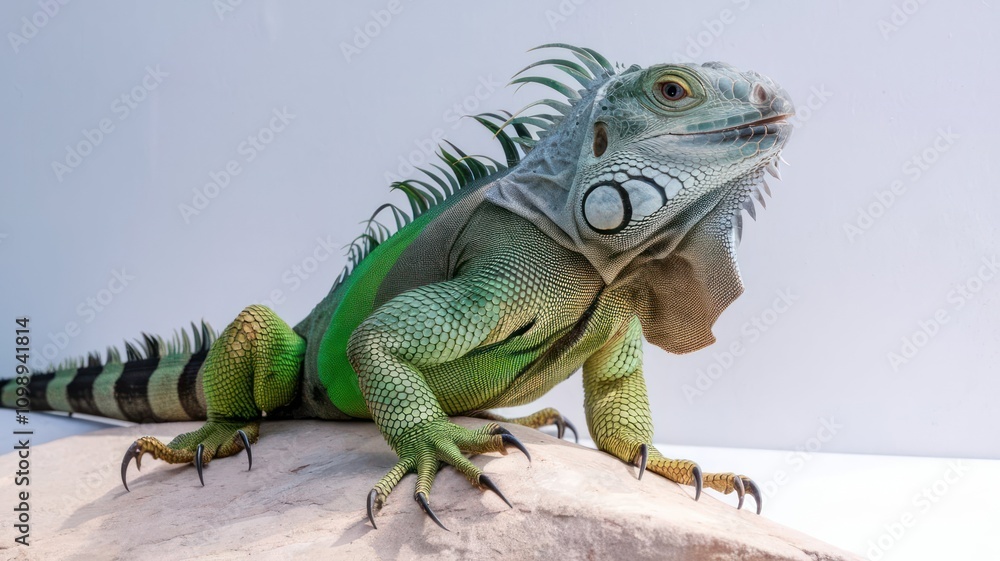 Fototapeta premium Green iguana basking on a rock under bright light.