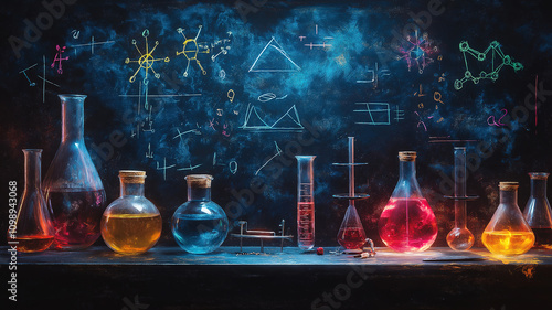 Blackboard featuring chemistry science formulas along with images of tools and lab equipment