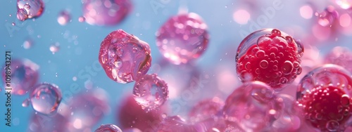 Wallpaper Mural Close-up of pink liquid bubbles in a light blue background Torontodigital.ca