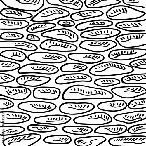 Square background, cartoon black outline pattern of stone oval shapes.