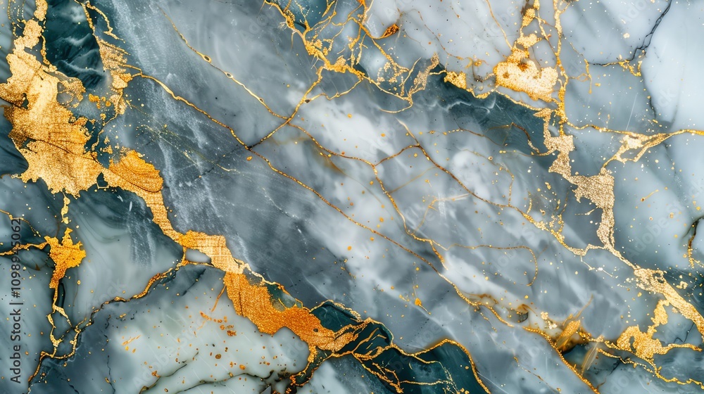 Fototapeta premium Close up of a marble surface with a blue, white, and gold pattern.