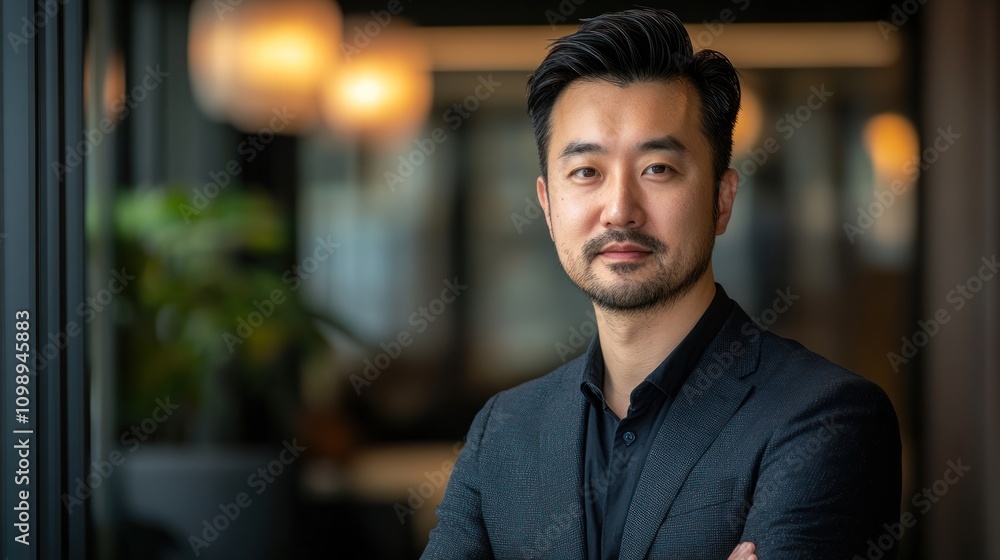 Fototapeta premium Professional man posing confidently in a modern office setting.