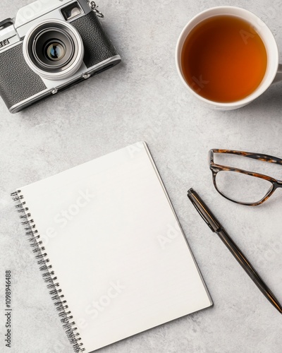 Flat lay of camera, tea, notepad, pen, glasses.