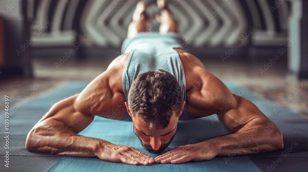 Fototapeta premium Man in downward dog pose on a yoga mat, highlighting flexibility and focus