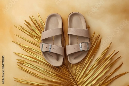 Beige suede sandals with adjustable straps and silver buckles on palm leaf tropical background summer fashion photo