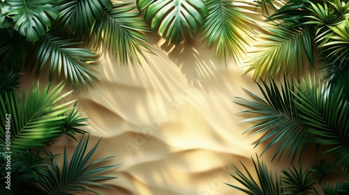 Tropical Serenity: Palm Leaves and Golden Sands, Nature’s Embrace: Close-Up of Sand Dunes and Green Foliage for Product Presentations, Travel or Lifestyle Advertising, Minimalist Scene