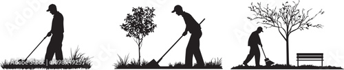 Silhouette of sweeper cleaning public park vector silhouette