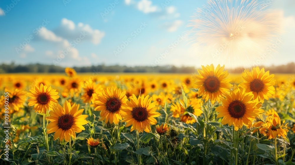 Obraz premium A vibrant field of sunflowers under a clear blue sky, with a hint of sparkle.