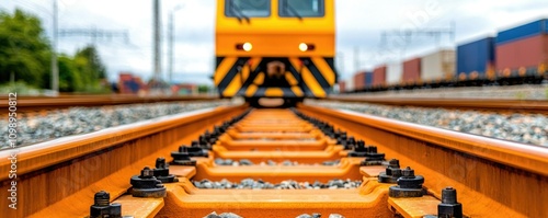 A close-up view of railway tracks leading towards a vibrant orange train, showcasing the metal details against a blurred background of freight cars. photo