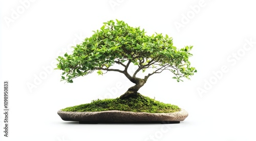 A bonsai tree growing on an isolated rock, against a plain white background photo