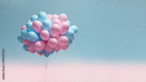 Digital Rendering of Pink Balloons Clustered Against a Light Blue Background, Featuring Glossy Surfaces, Smooth Shapes, and Playful Contrast in Minimalist Style. photo