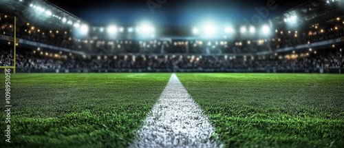 illuminated football stadium empty field with green grass and centerline foggy night atmosphere photo