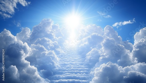 Heavenly Light Beam Through Clouds and Staircase to Paradise photo