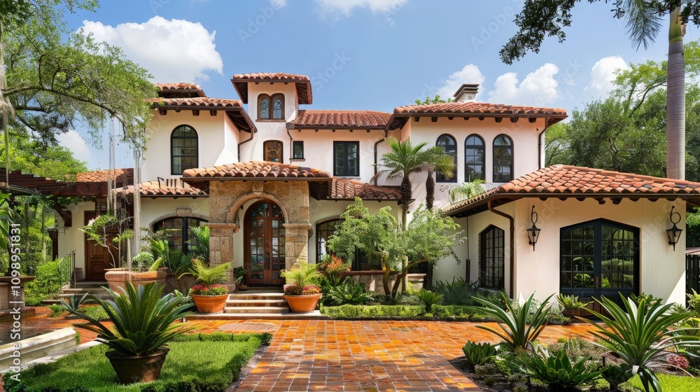 Obraz premium Mediterranean-style villa with terracotta tiles and a lush garden, emphasizing warmth and elegance