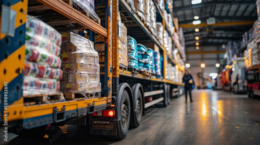 Naklejka premium Efficient Loading in a Modern Logistics Warehouse with Food Packages Ready for Distribution