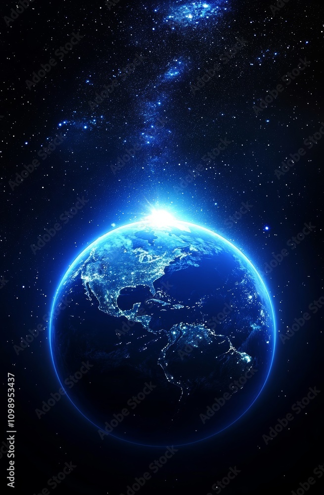 Naklejka premium Earth in the Cosmic Embrace of the Stars and the Glowing Sun