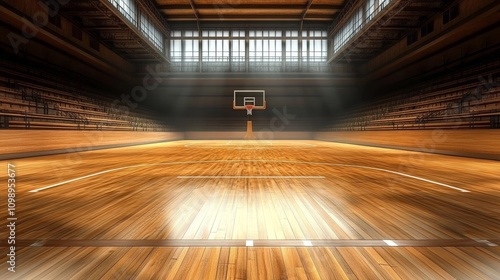 empty basketball court indoor wooden floors bleachers large windows backboard sports arena competition game photo