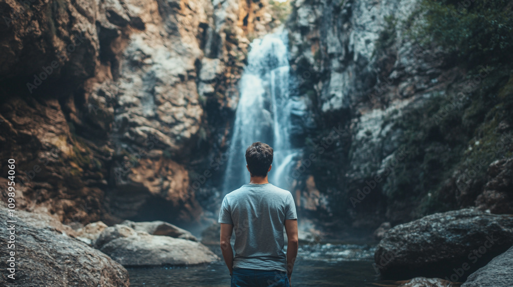 Fototapeta premium Man admires a serene waterfall cascading down rugged rocks in a secluded forest landscape