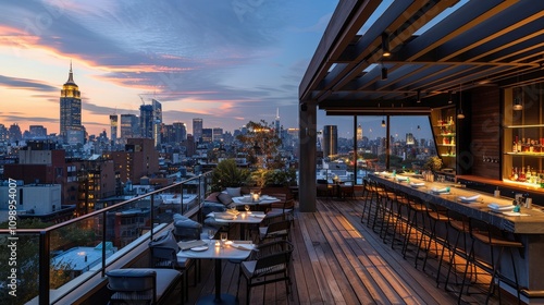 Diners Enjoy Scenic Views at a Chic Rooftop Restaurant as the City Sparkles Beneath the Sunset
