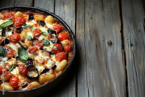 Homemade gnocchi with eggplant, mozzarella and tomatoes, wooden background, close up, space for text