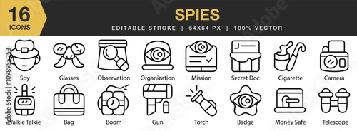 Spies icon set. Editable Stroke Icon Collection. Includes spy, secret, agent, person, crime, and More. Outline icons vector collection.
