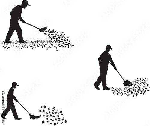 Silhouette of sweeper sweeping leaves with broom vector silhouette