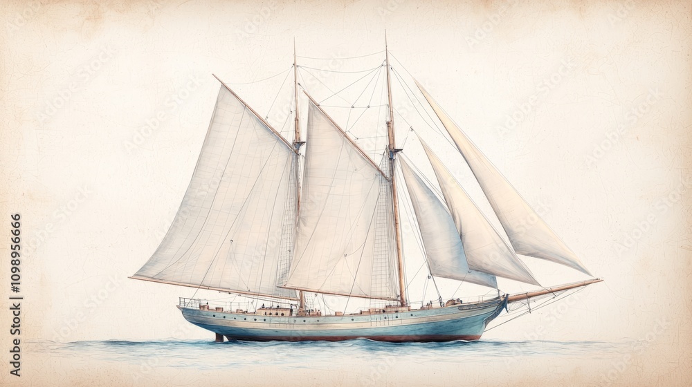 Obraz premium Vintage Hand-Drawn Sailboat Illustration on Aged Paper - Nautical Adventure Artwork in Soft Blues and Creams