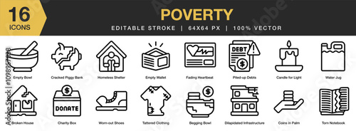 Poverty icon set. Editable Stroke Icon Collection. Includes poverty, people, poor, hunger, social, and More. Outline icons vector collection.