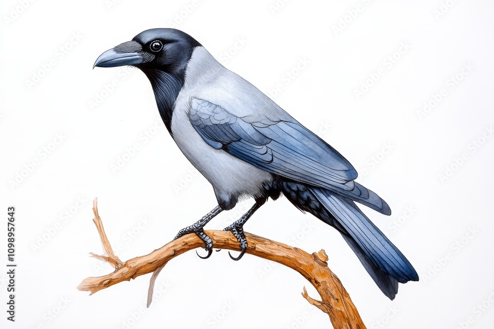 Obraz premium A watercolor painting of a black bird perched on a branch, with soft gradients of gray and subtle highlights blending into the background