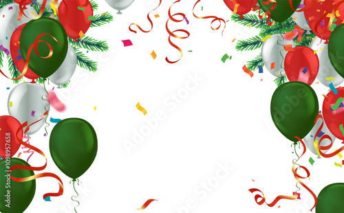 Christmas and New Year Holiday background with balloons, confetti and serpentine. Vector illustration.