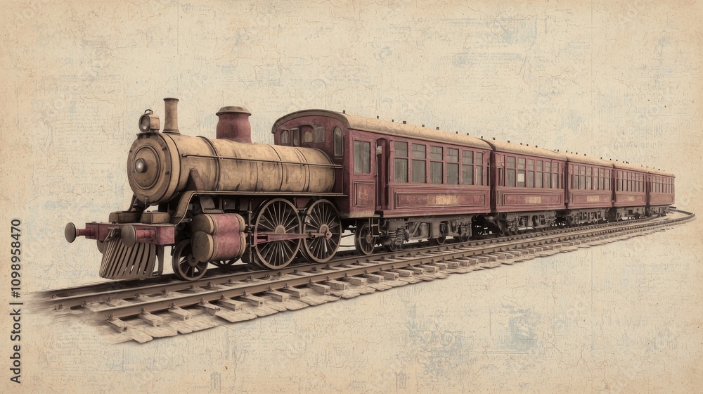 Obraz premium Nostalgic Vintage Toy Train Illustration on Weathered Paper | Detailed Sketch of Childhood Memories and Playtime Fun