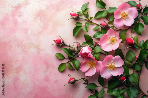 Delicate Rosehip Blossom with Soft Pink Background, Perfect for Beauty and Wellness Advertisements photo