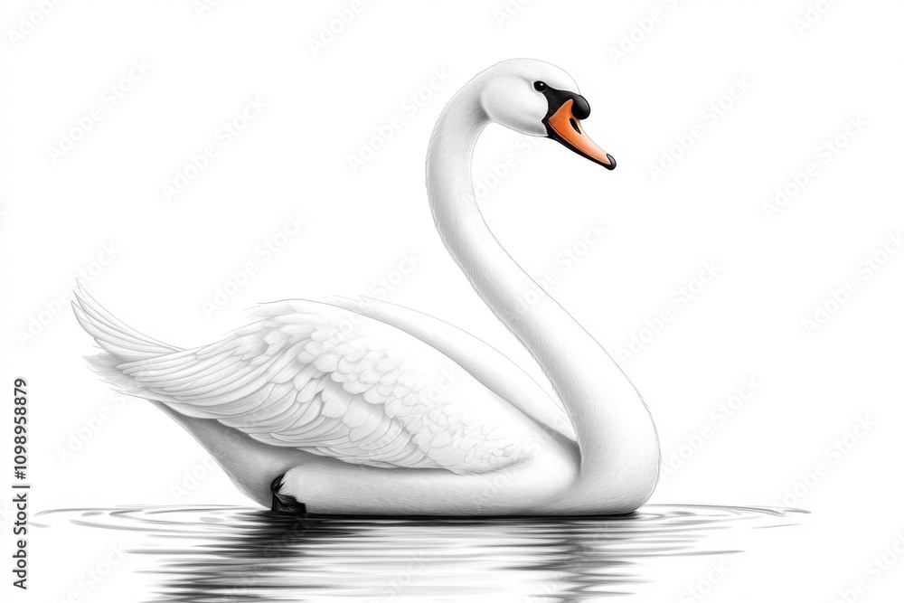 Fototapeta premium Swan floating gracefully on water, long neck and delicate feathers, sketch engraving generative AI fictional character Scratch board imitation Black and white image separate on white background