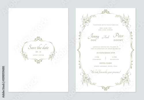 Wedding invitation template set feature a delicate green floral border with intricate details on a white background, creating a romantic and timeless feel