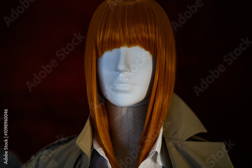 Hair wig. Dummy head for boutique. Fashion style concept. Shopping concept. Season sales. Black friday fashion. Sales in clothes store. Fashion and beauty. Shopping concept.