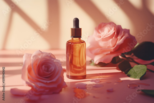 Gentle Rose Oil Spot Treatment, Peach Background with Soft Texture, Ideal for Skin Care and Beauty Ads photo