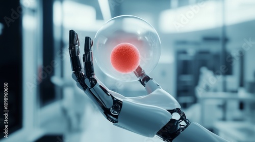 A futuristic robotic hand holding a glowing, translucent red blood cell, set against a sleek photo