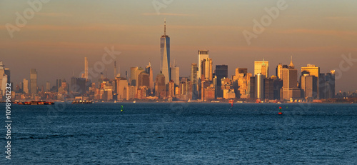 New York skyline of World Trade Center. One World Trade Center. New York City panorama with Manhattan Skyline over Hudson River. WTC.