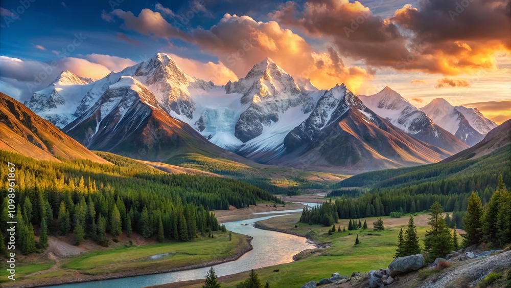 Naklejka premium Breathtaking Panoramic Beauty Day in the Altay Mountains with Stunning Low Light Photography Capturing Majestic Peaks and Serene Landscapes at Dusk
