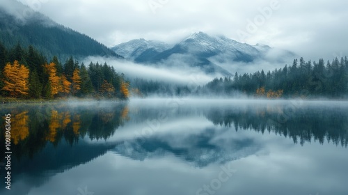 Serene lake reflecting mountains and autumn trees under a misty sky.