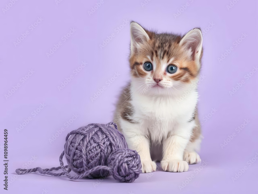 Obraz premium A small kitten playing with a purple ball of yarn