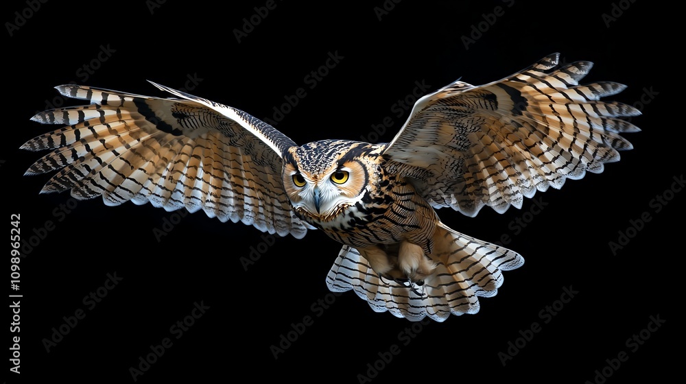 Fototapeta premium A majestic owl with its wings spread wide in mid-flight.