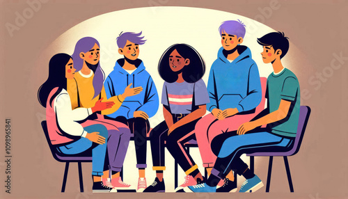 Group therapy session with diverse teens supporting each other in an inclusive and positive setting