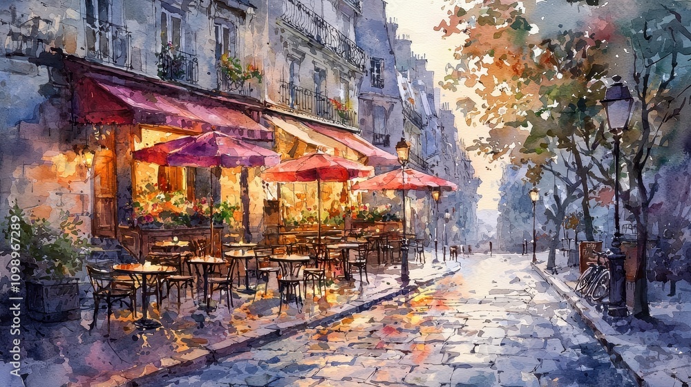 Fototapeta premium A dreamy watercolor street scene of a Parisian café at sunset, with small tables set along a cobblestone sidewalk. The warm light and colorful umbrellas create a romantic and inviting setting. 