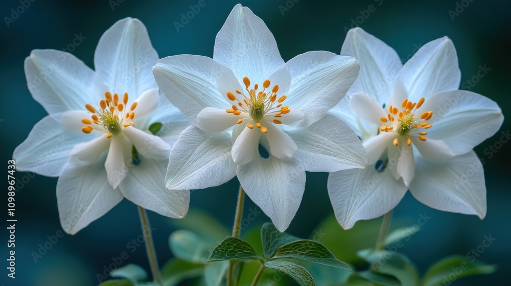 Fototapeta premium Three elegant white flowers with yellow centers against a blurred background.